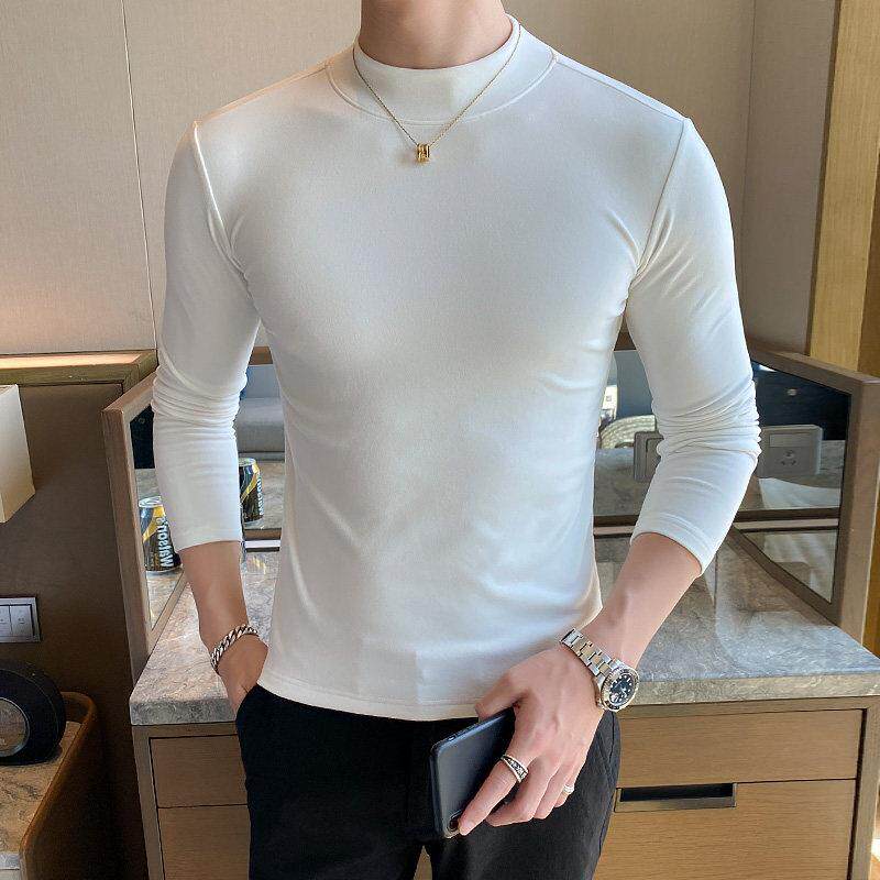 秋季男士长袖t恤半高领纯棉打底衫韩版修身白体恤潮流紧身秋衣cx