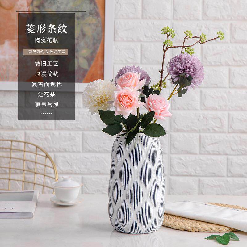 外贸陶瓷花瓶工艺品餐桌干花插花瓶欧式田园菱形花瓶摆件装饰