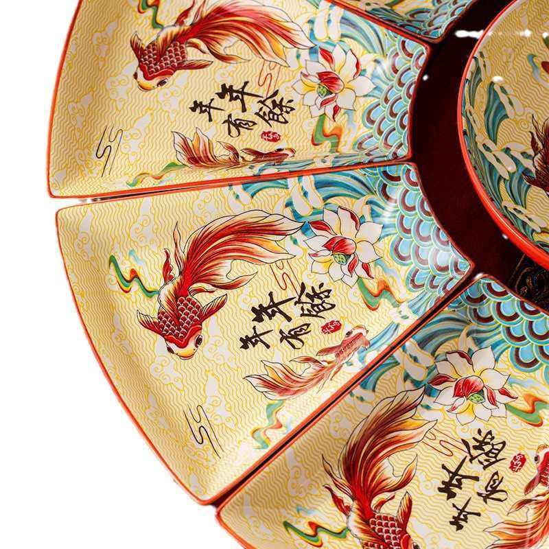 红色团圆年夜饭夜饭碗碟拼盘圆桌组合年夜盘子餐具过年陶瓷家用菜,餐饮具,盘,淘宝优惠券,粉丝福利购,淘宝优惠卷