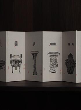 中国传统东方美学海军蓝铜双面桌面小屏幕彷古书画背景摆件