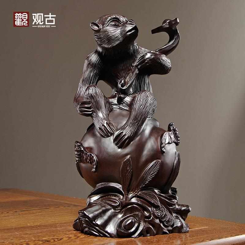 黑檀木雕刻如意猴摆件动物十二生肖木质猴家居装饰红木工艺品送礼