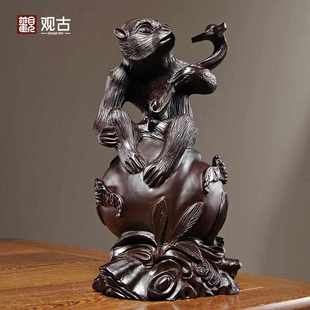 饰红木工艺品送礼 黑檀木雕刻如意猴摆件动物十二生肖木质猴家居装