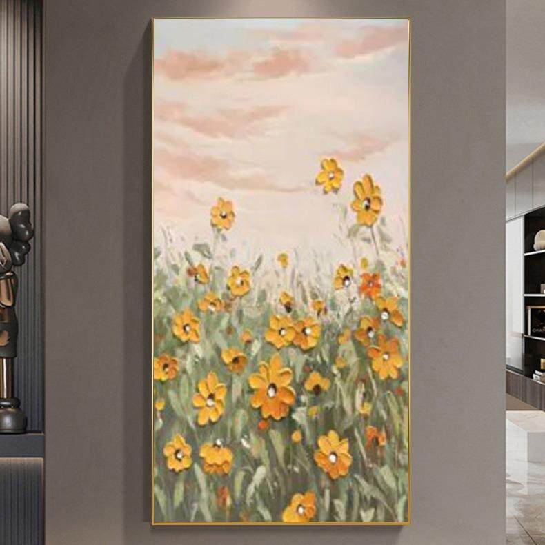 手绘砂岩肌理立体油画唯美花海风景酒店挂画装饰画轻奢客厅玄关画
