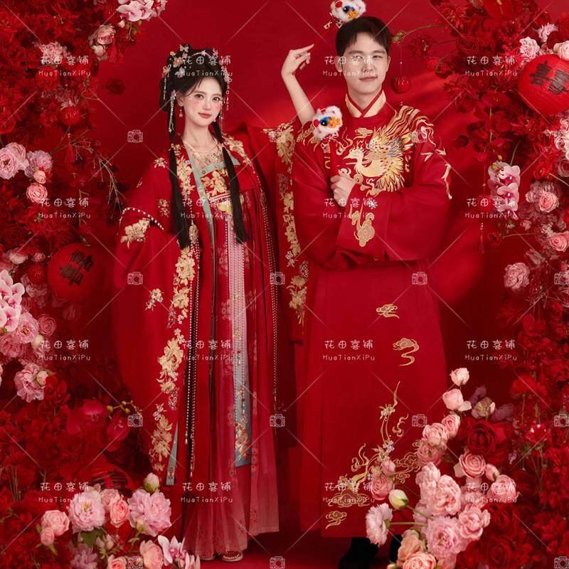 唐制汉服婚服新款情侣古装红色重工刺绣中式嫁衣明制照相馆拍照套