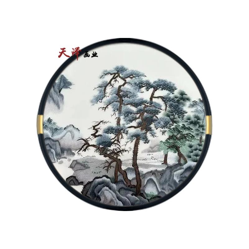 苏绣机绣装饰画成品透明丝绢背景墙画高档苏绣挂画茶室画境由心造
