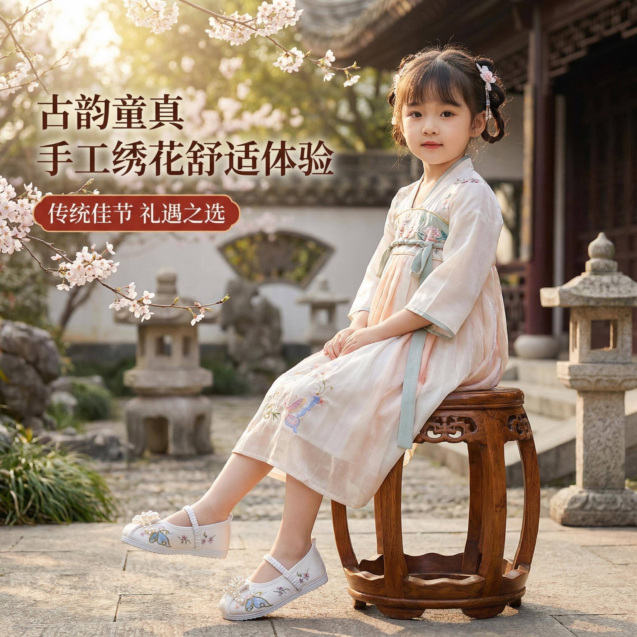 汉服鞋女款新中式刺绣布鞋儿童古风舞蹈鞋子新款女童马面裙绣花鞋图片