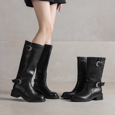 意大利Corso Venezia~真皮圆头皮带扣宽筒骑士靴女士中粗跟长筒靴