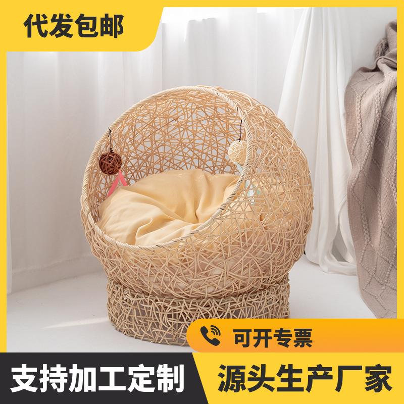 秋冬藤编大空间半封闭宠物窝肥猫专用草编狗窝中大型猫窝猫咪手工