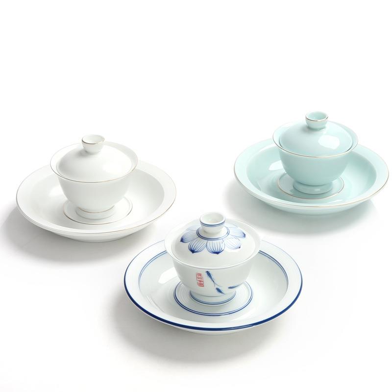 景德镇影青瓷盖碗手绘陶瓷功夫茶具泡茶杯大号茶碗logo定制