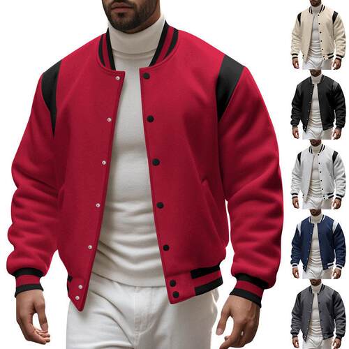 Men's Fleece-Lined Warm Stand-Up Collar Baseball Jacket with