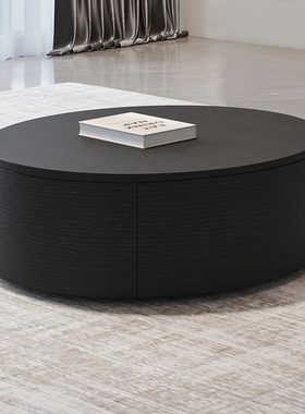 现代简约黑色极简圆形双抽屉小户型家用客厅茶几实木多层茶几桌