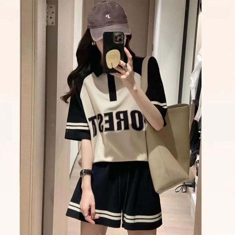 高档纯棉运动服套装女夏季2024新款韩版时尚休闲Polo衫翻领两件套