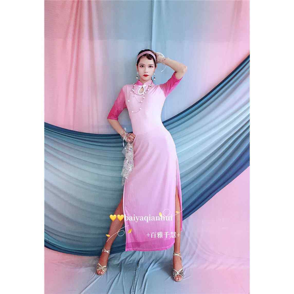 正品百典雅千拉丁舞古舞2025夏印春花旗袍表演出服练习服儿童慧练