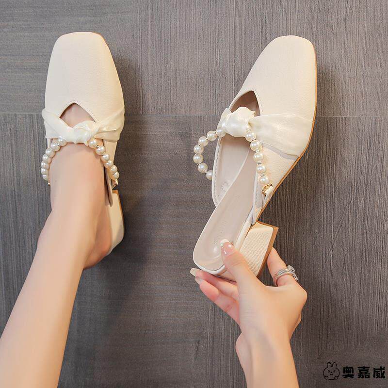 女士夏外穿包头半拖鞋凉鞋女款季配裙子气质粗跟尖头单鞋高跟鞋子