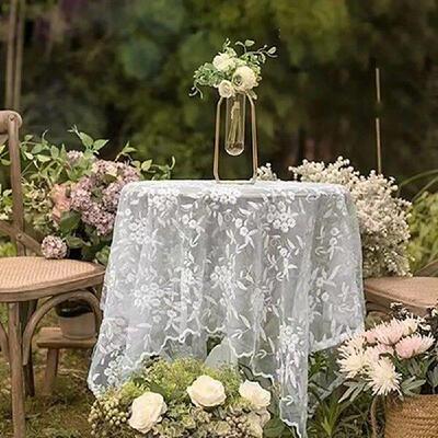 Exquisite Embroidered French Lace Tablecloth Vintage White