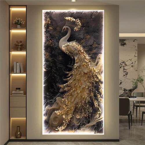 孔雀轻奢入户玄关装饰画led灯画新款高级感晶瓷挂画走廊过道壁画
