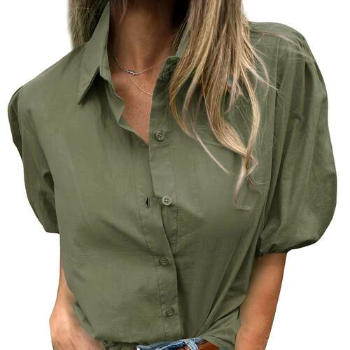Women'S Button Down Shirts Short Puff Sleeve Collared V Neck