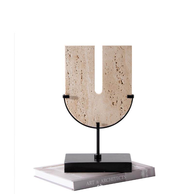 新中式U型几何洞石大理石平安扣摆件样板房玄关书房软装电视柜装