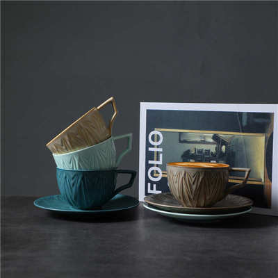 窑变拉花咖啡杯碟套装复古陶瓷杯创意下午茶咖啡杯粗陶家用马克杯
