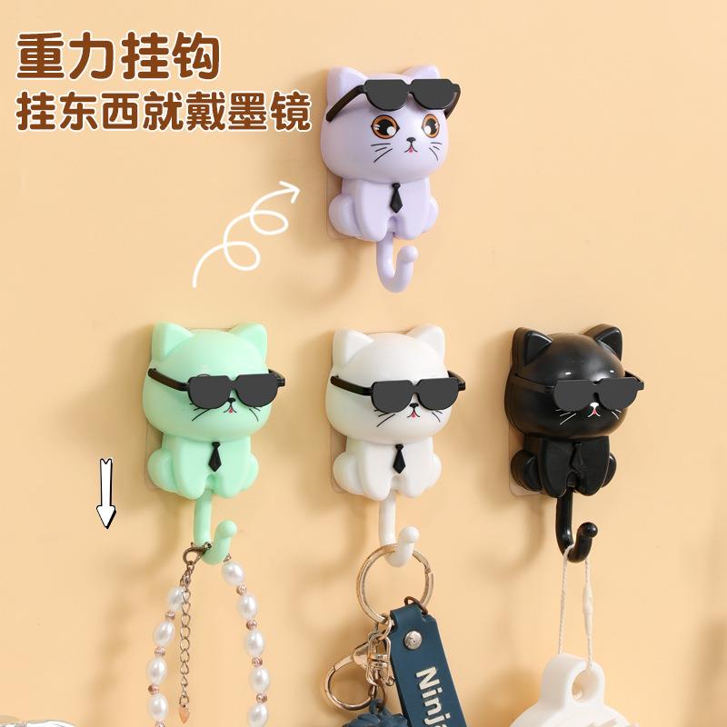 玄关衣钩钥匙卡通可爱黑猫衣帽粘钩免孔强力眼睛转动猫咪挂钩收纳