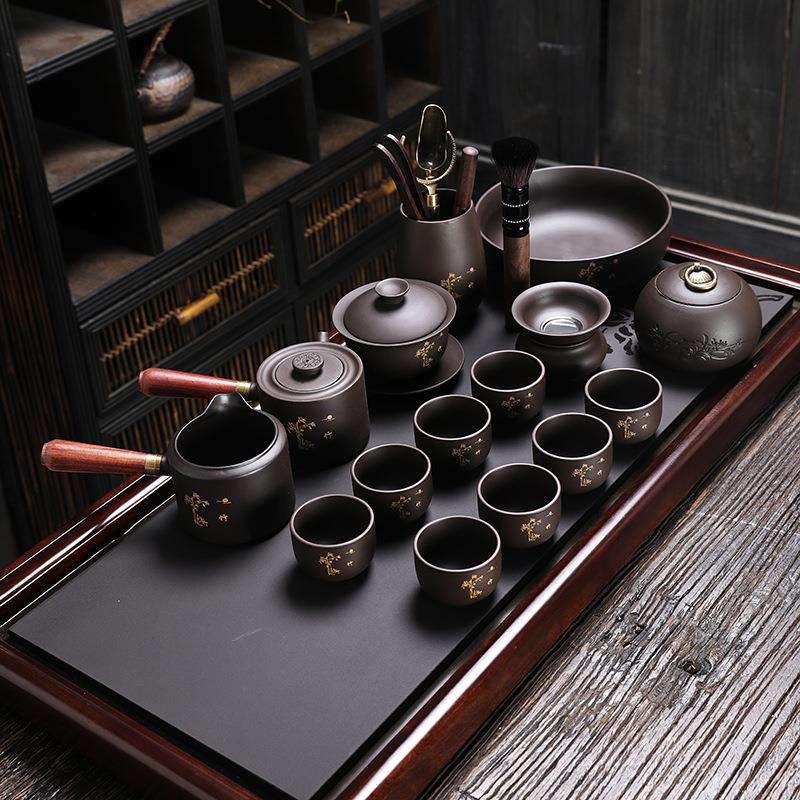 刻金紫砂茶具套装中式功夫泡茶盖碗茶具套装家用会客茶艺品茶工具