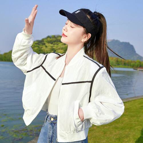 休套闲ZBO1828防衣女夏季新款晒时尚透气轻薄外短款拼色衫防晒服