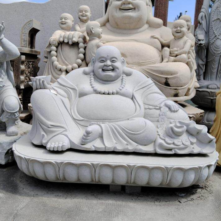 石雕大型弥勒佛坐佛芝麻白大理石笑佛寺庙户外大肚和尚摆件