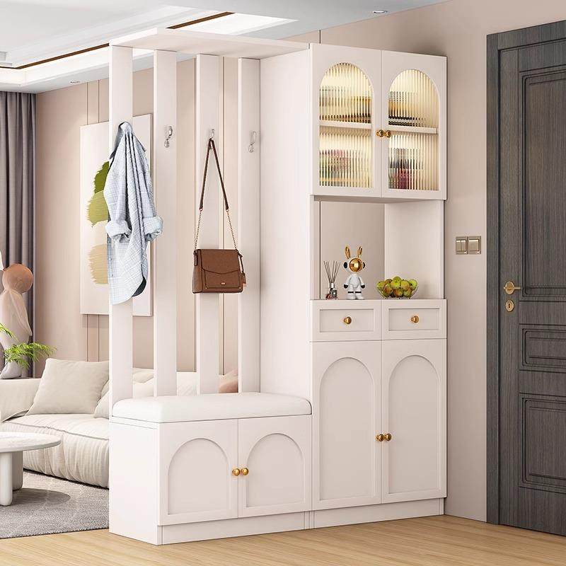 玄关柜入户正对门奶油风鞋柜一体带换鞋凳客厅家用门厅屏风隔断柜