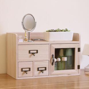 桌面书架创意实木收纳盒抽屉式带门办公室书桌储物盒木制置物架