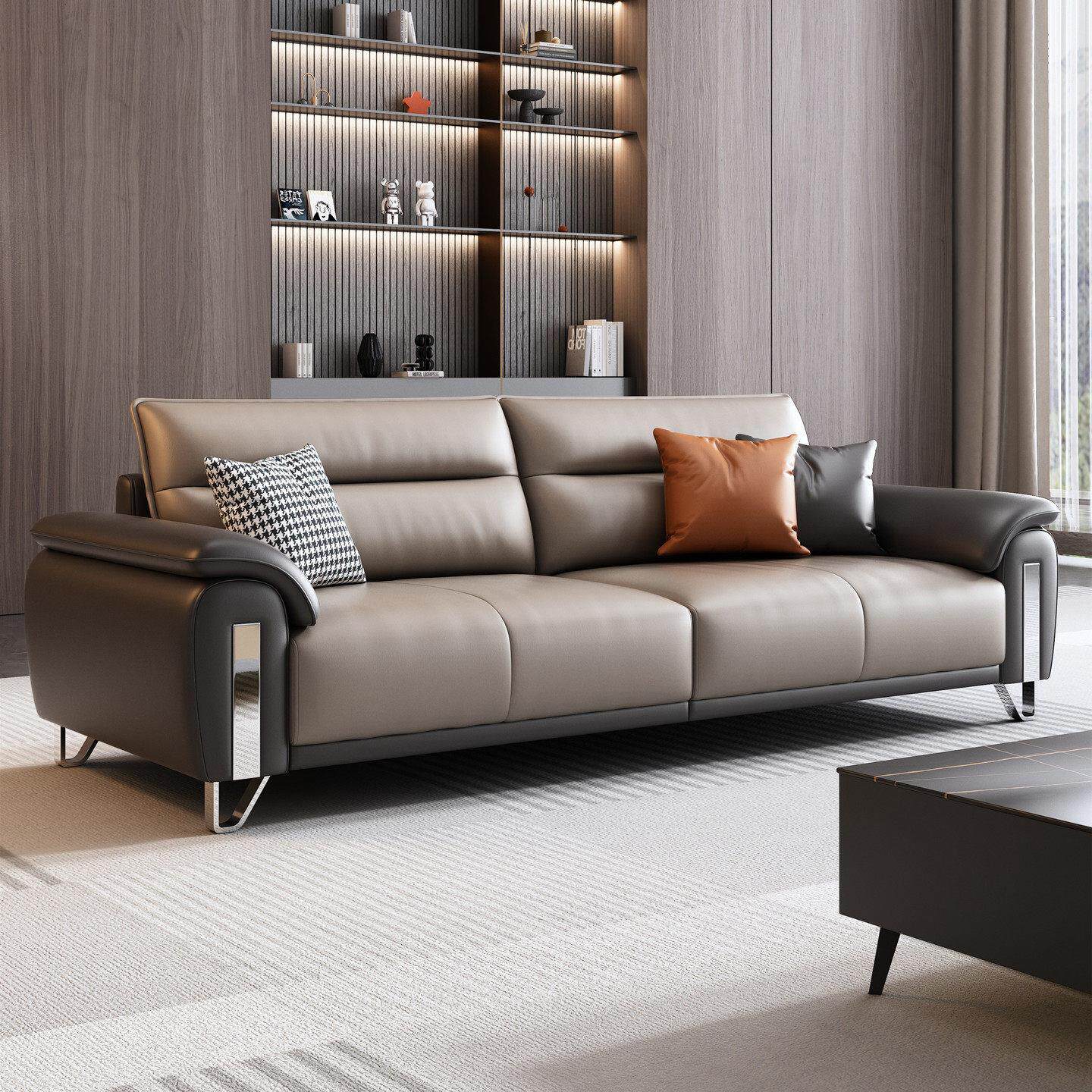 意式办公室沙发真皮简约现代接待会客商务休闲直排三人位茶几组合