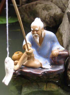 假山配件盆景饰品陶瓷钩鱼翁水族鱼缸吸水石水石景观钓鱼陶瓷