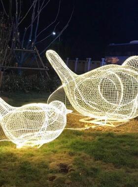 户外不锈钢镂空鸟摆件发光铁艺金属钢丝动物雕塑网格园林景观装饰