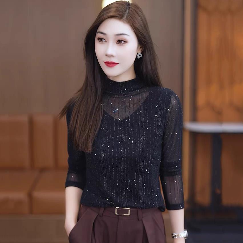 韩国网纱上衣女高级感春秋季时尚洋气妈妈贵夫人亮丝内搭半高领~
