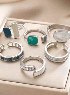 6-piece ring set跨境祖母绿滴油戒指简约开 口戒指女关节戒套装
