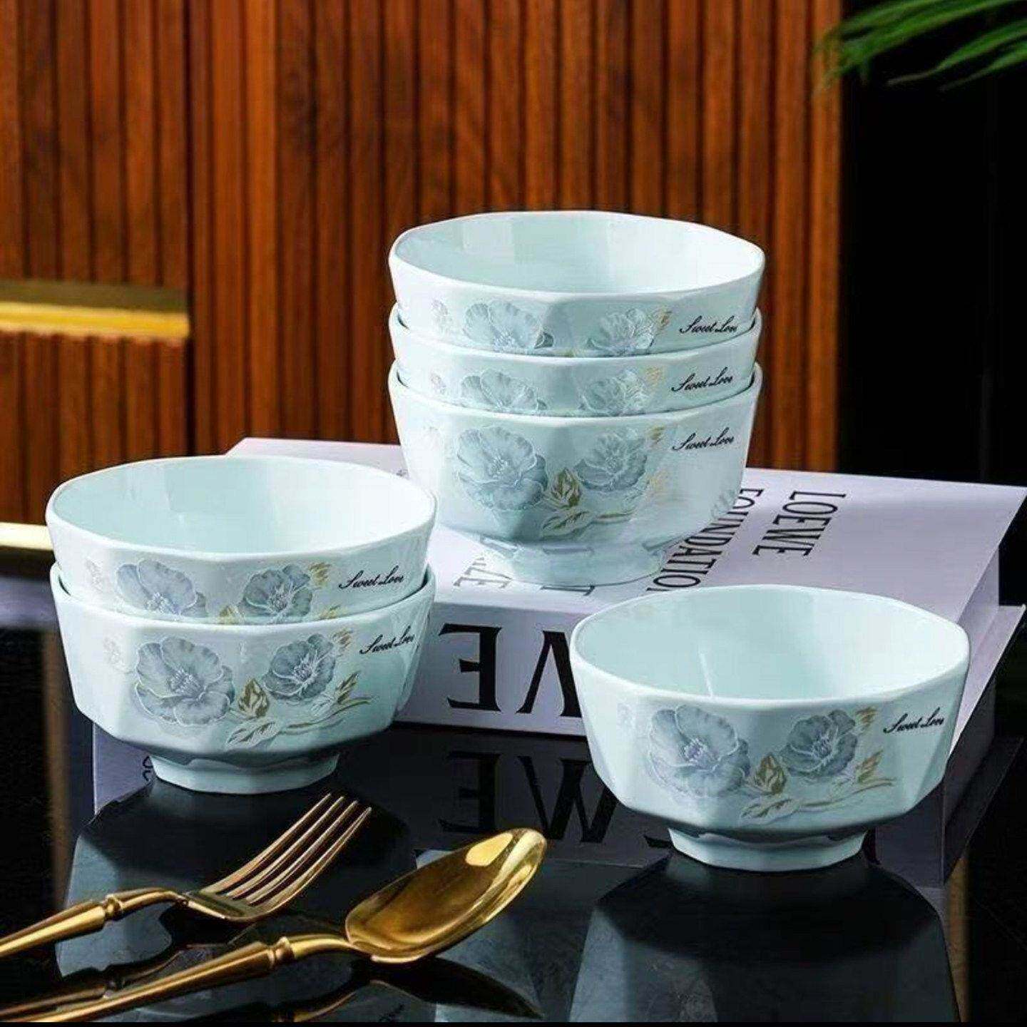 餐具贸易店2026年牡丹陶瓷碗影青钻石家用4.5英寸10只防烫碗
