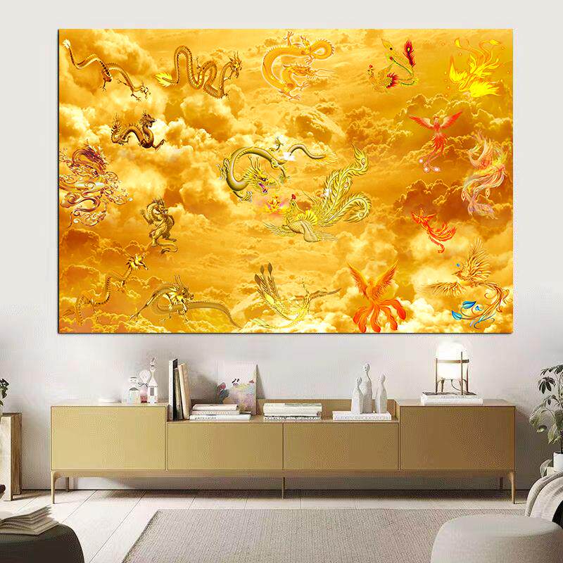 装饰画九龙九凤图挂画金龙金凤招财镇宅风水画客厅佛堂口自粘贴画