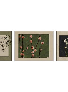 绿色复古南洋风组合装饰画花鸟客厅沙发背景墙壁画中古风三联挂画