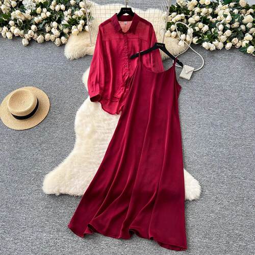 Women's Fashion Long Sleeve Top & Strap Dress Outfit Set