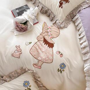少女心全棉双层纱四件套韩式 碎花女孩贴布绣被套床单1.8m床上用品
