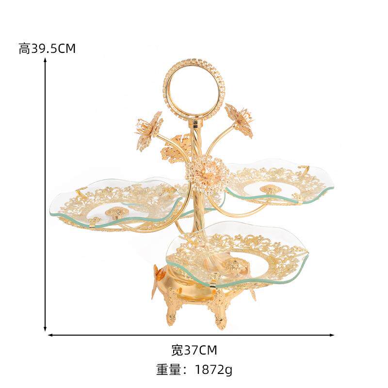 欧式创意家用客厅酒店茶几铁艺钢化玻璃水果盘典雅大方三层果盘