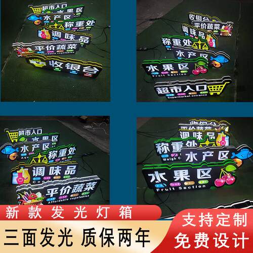 定制超市区域分类指示牌商超3D三面发光悬挂标识牌灯箱新款吊楣