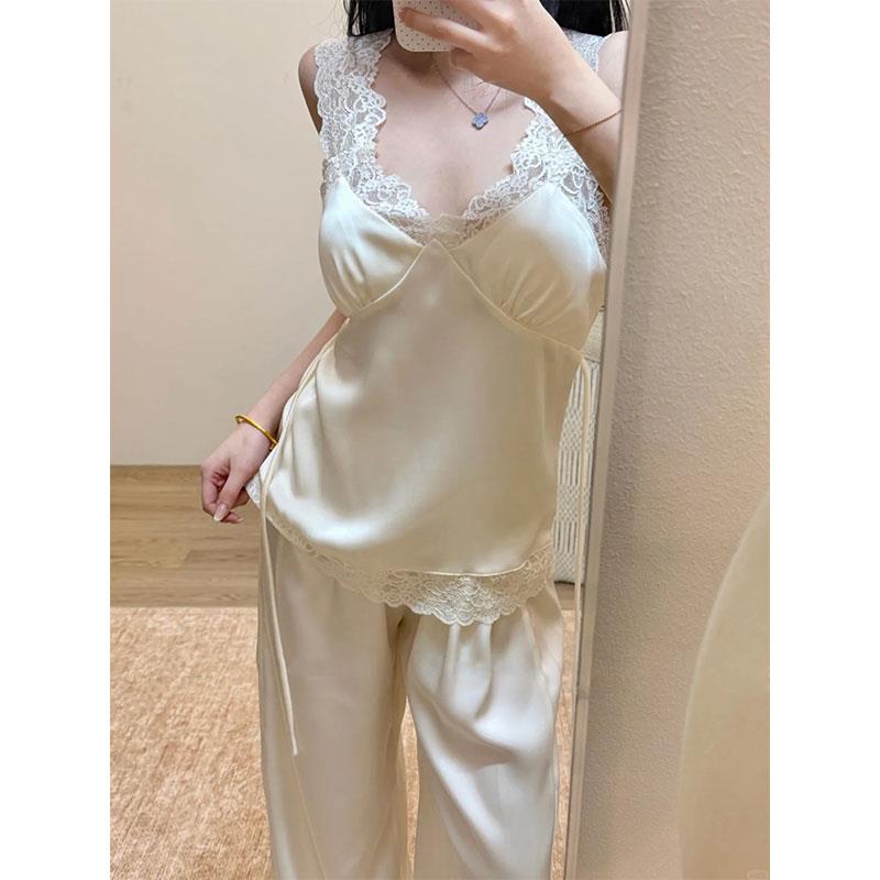 韩版蕾丝拼接缎面吊带睡衣女2026新款春秋季高级感冰丝家居服套装