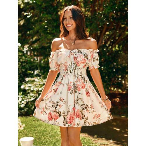 Women's Floral Print Off Shoulder Dress  Elegant Fashion