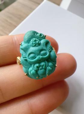 天然原矿绿松石九尾狐戒指18k金镶嵌凤九戒指小狐狸指环规格19*14