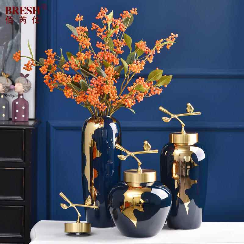 正品轻奢现代陶瓷花养瓶铜摆件新中盖式客厅瓷插陶干花花瓶家居