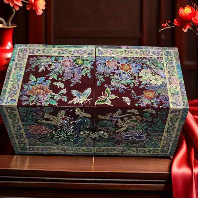 正品珍珠母漆珍珠母中松鹤戒首饰手壳镯盒鲍鱼婚礼民族风格实木指