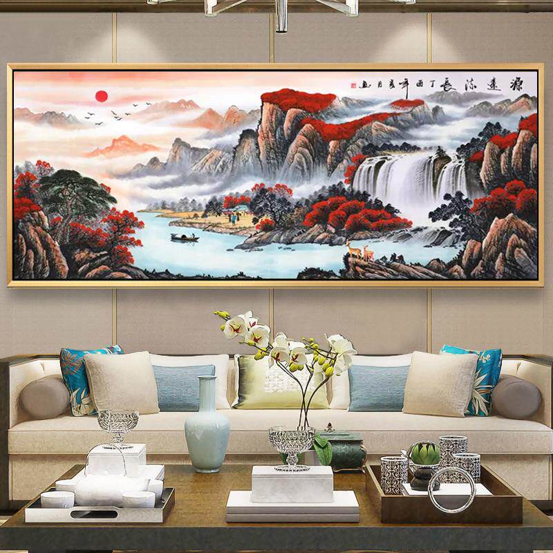 新款直销2019新款5d流水生财钻石画满钻客厅大幅山水画十字绣钻石