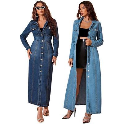 Womens Vintage Single-Breasted Waist-Cinching Denim Dress
