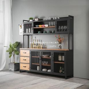 靠墙美式 工业风餐厅厨房置l物柜52340实木边柜酒柜艺铁高餐柜oft