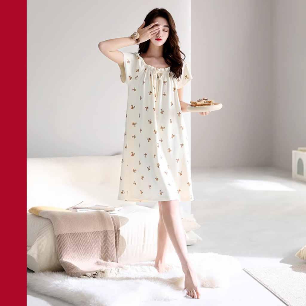 高档2025新款睡裙女款睡衣夏季夏天纯棉短袖薄款宽松连衣裙子夏款